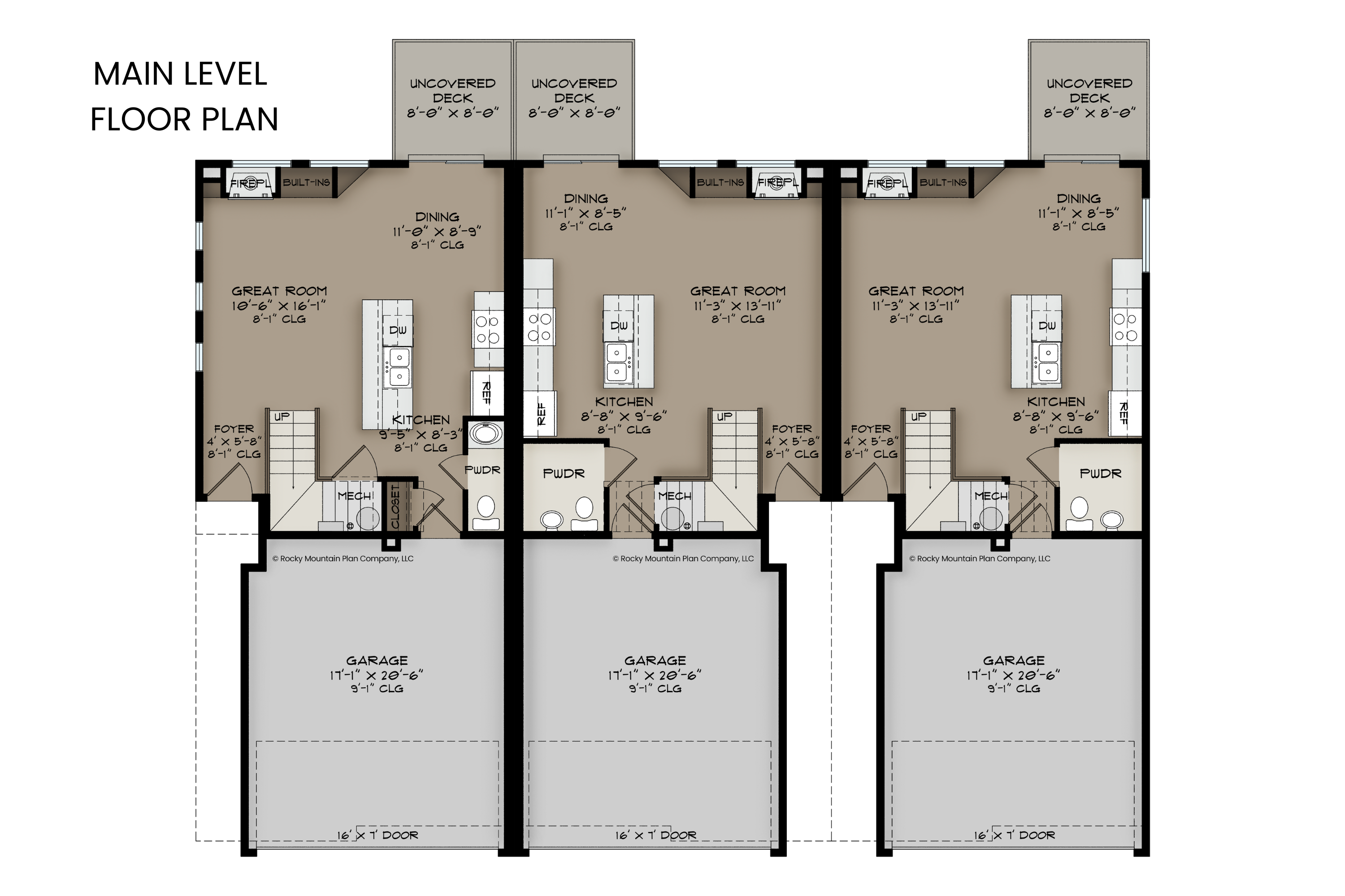 Detailed layout of the main level floor plan of a modern townhome featuring an open concept and fireplace.