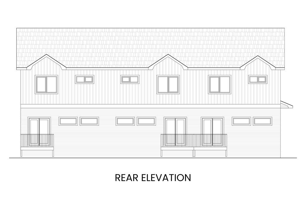 Rear view highlighting sliding glass doors, decks, and outdoor living of Modern Farmhouse townhome plan.