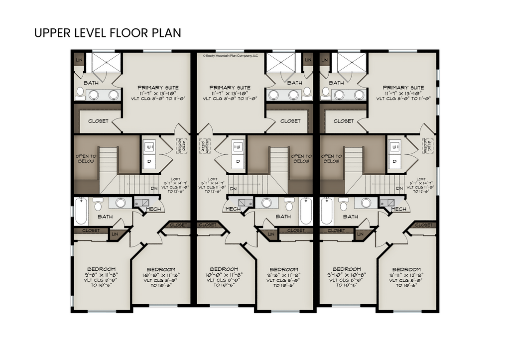 Detailed layout of the upper level floor plan of a modern townhome with three bedrooms and vaulted ceilings.