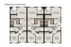 Detailed layout of the upper level floor plan of a modern townhome with three bedrooms and vaulted ceilings.