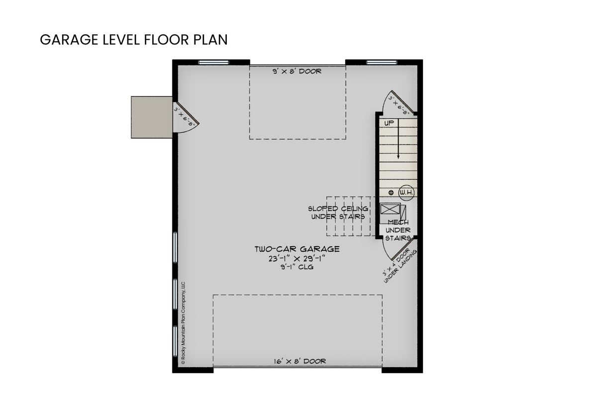 Goat Hill garage level floor plan — 720 sf two-car garage with rear access door — Rocky Mountain Plan Company