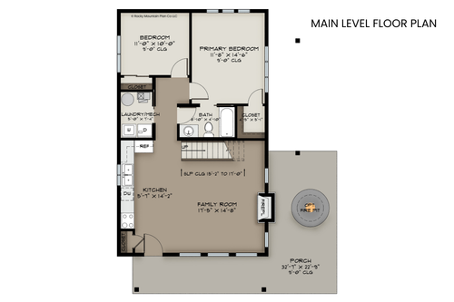 Blue Spruce main level floor plan — 952 sf, main-level primary, vaulted family room — Rocky Mountain Plan Company