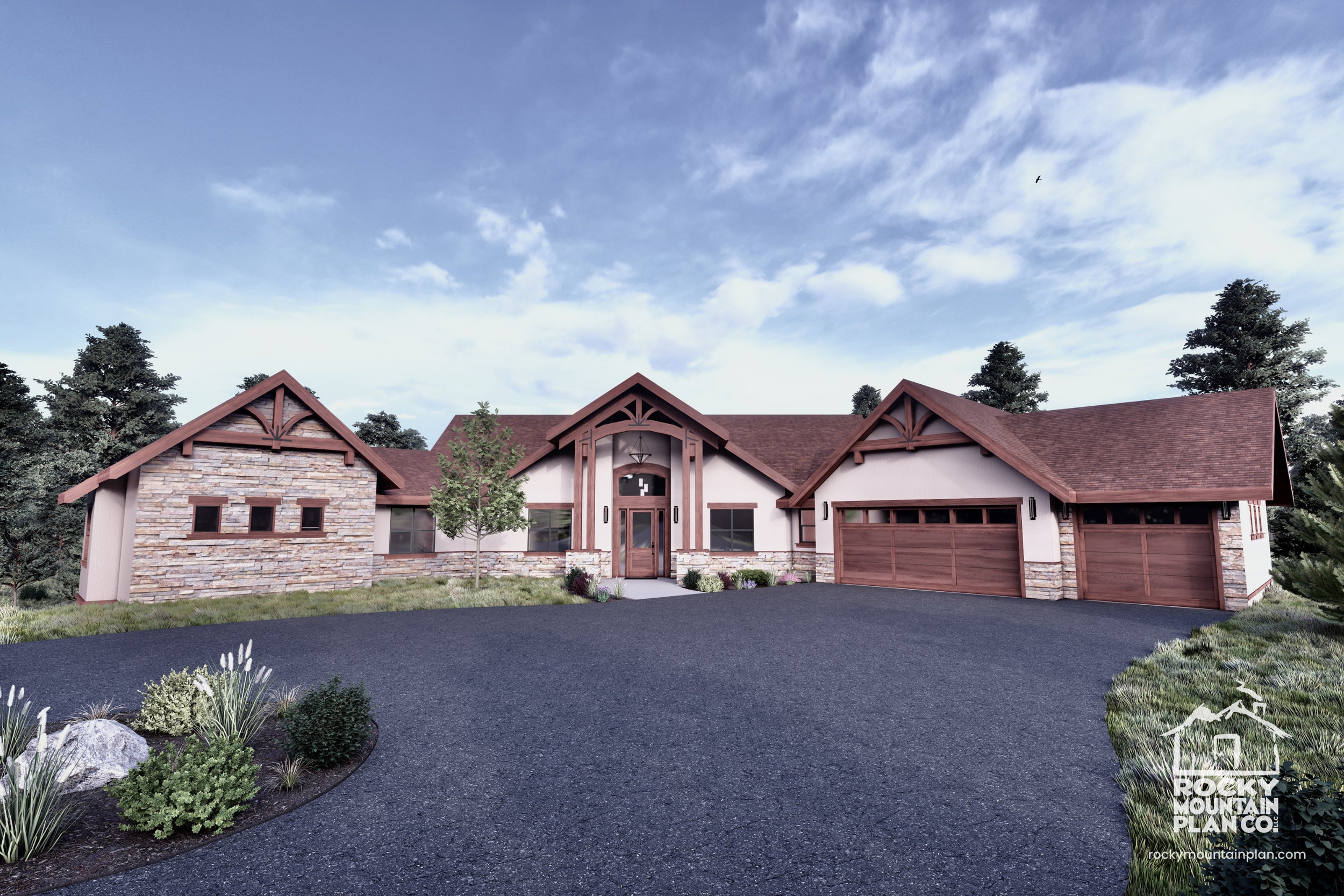 Abrams Mountain mountain craftsman lodge exterior render — Rocky Mountain Plan Company