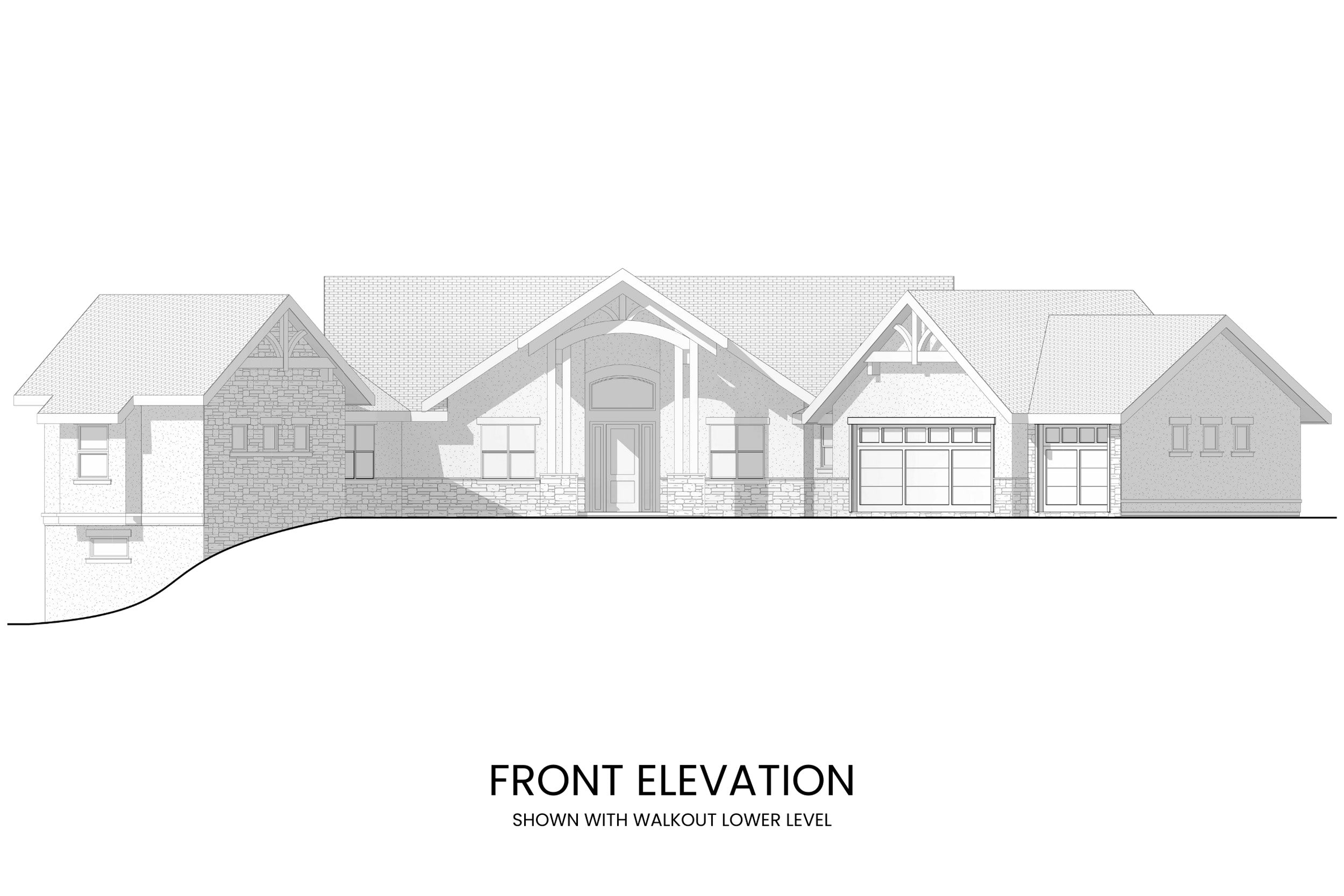 Front elevation view of Abrams Mountain exterior showing the blend of craftsman and lodge elements with timber and stone detailing.