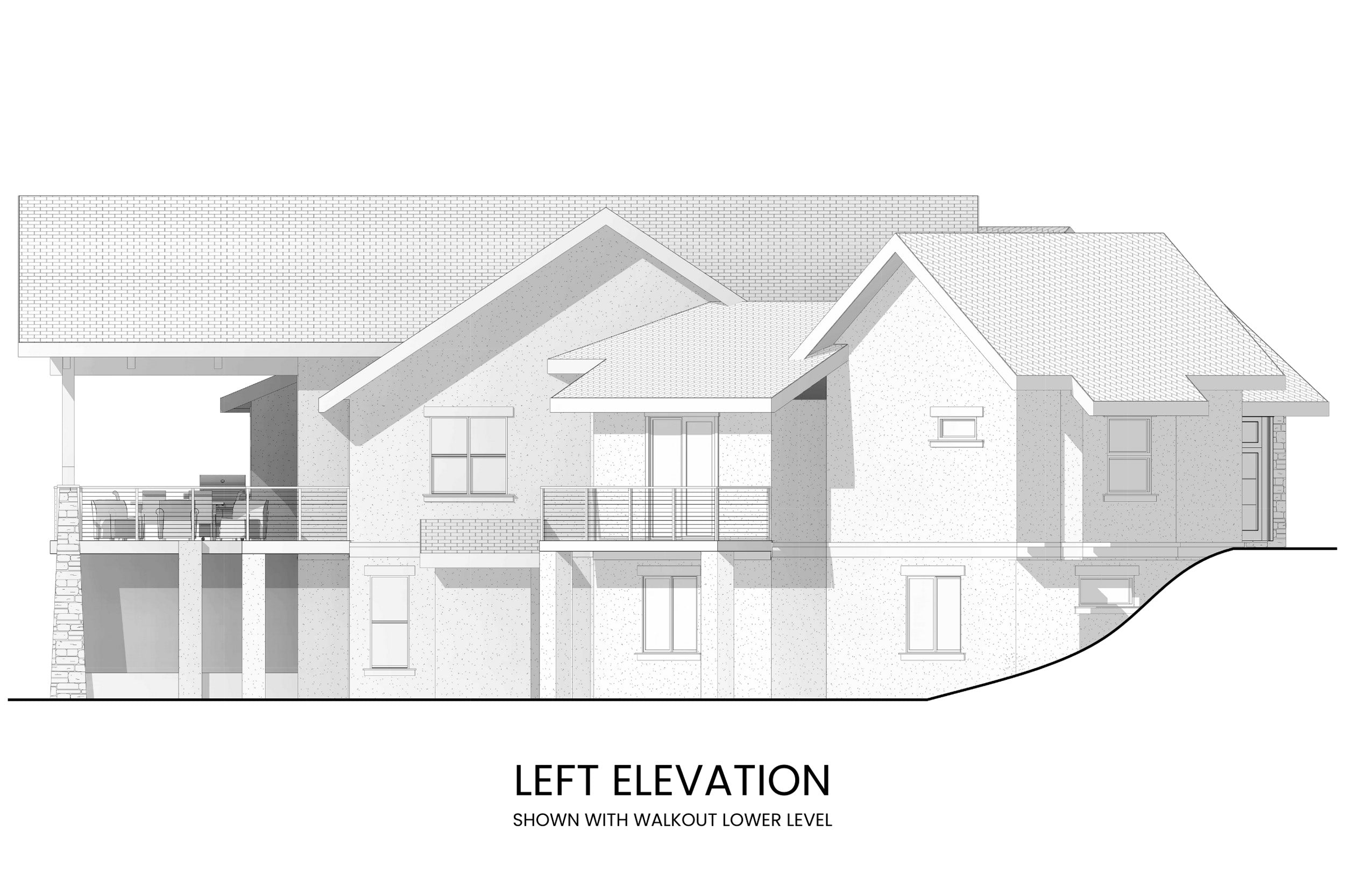 Architectural drawing of a mountain house's left elevation with walkout lower level.