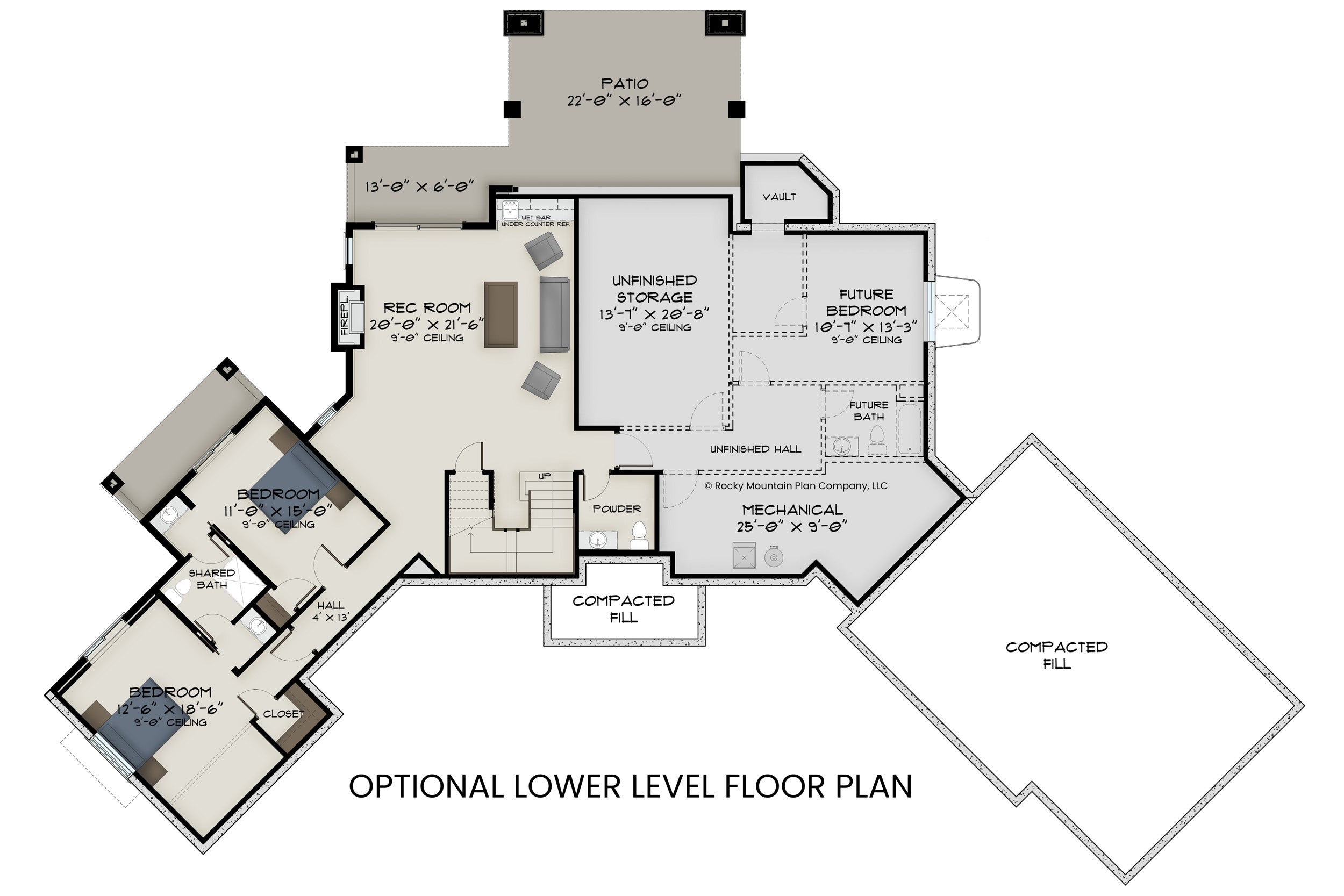 Abrams Mountain walkout lower level floor plan — 1,372 sf, rec room and bedrooms — Rocky Mountain Plan Company