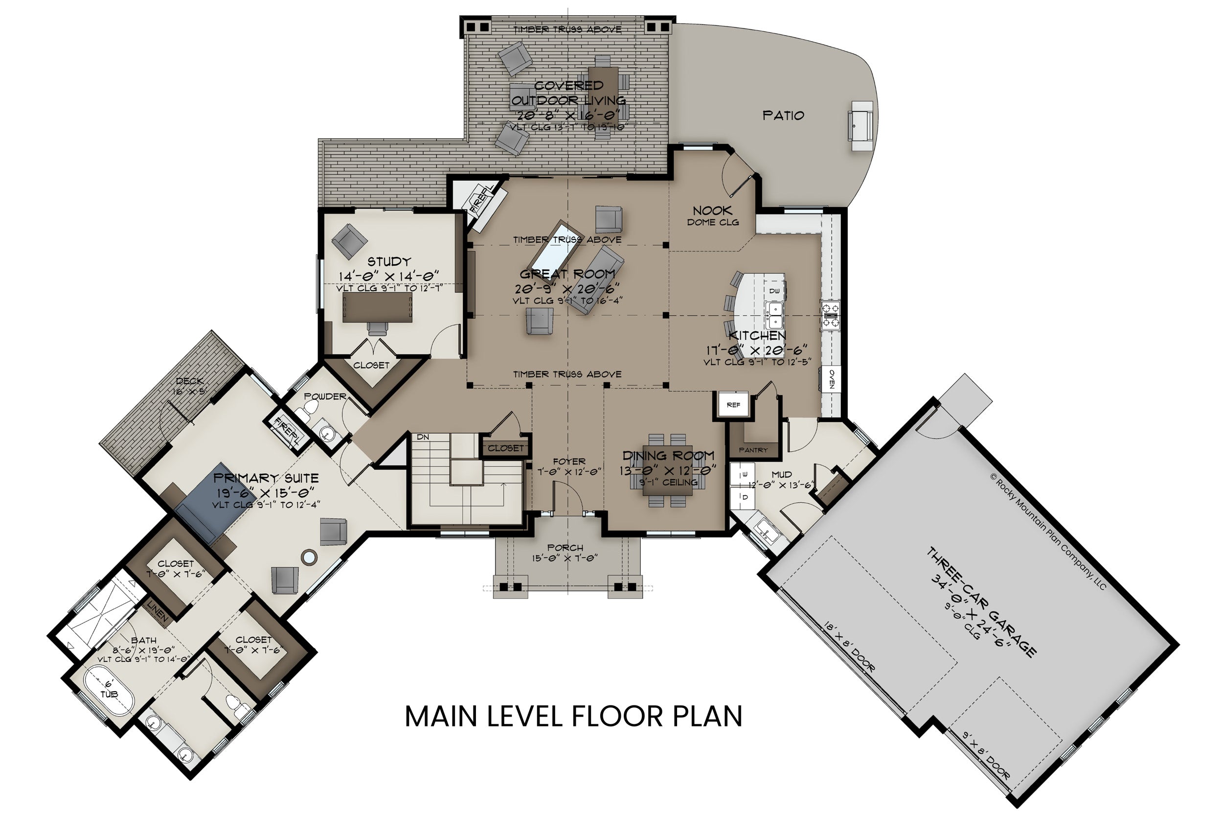 Abrams Mountain main level floor plan — 2,450 sf, main-level living, vaulted great room — Rocky Mountain Plan Company