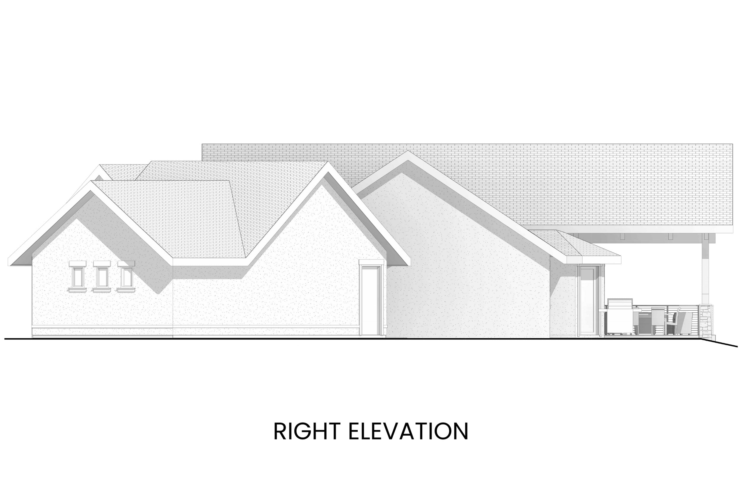 Right side elevation of Abrams Mountain with a focus on the angled three-car garage and covered deck access.