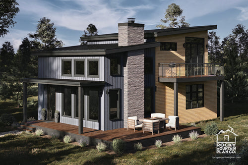 Blue Spruce mountain modern cabin exterior render with wraparound porch and upper deck — Rocky Mountain Plan Company