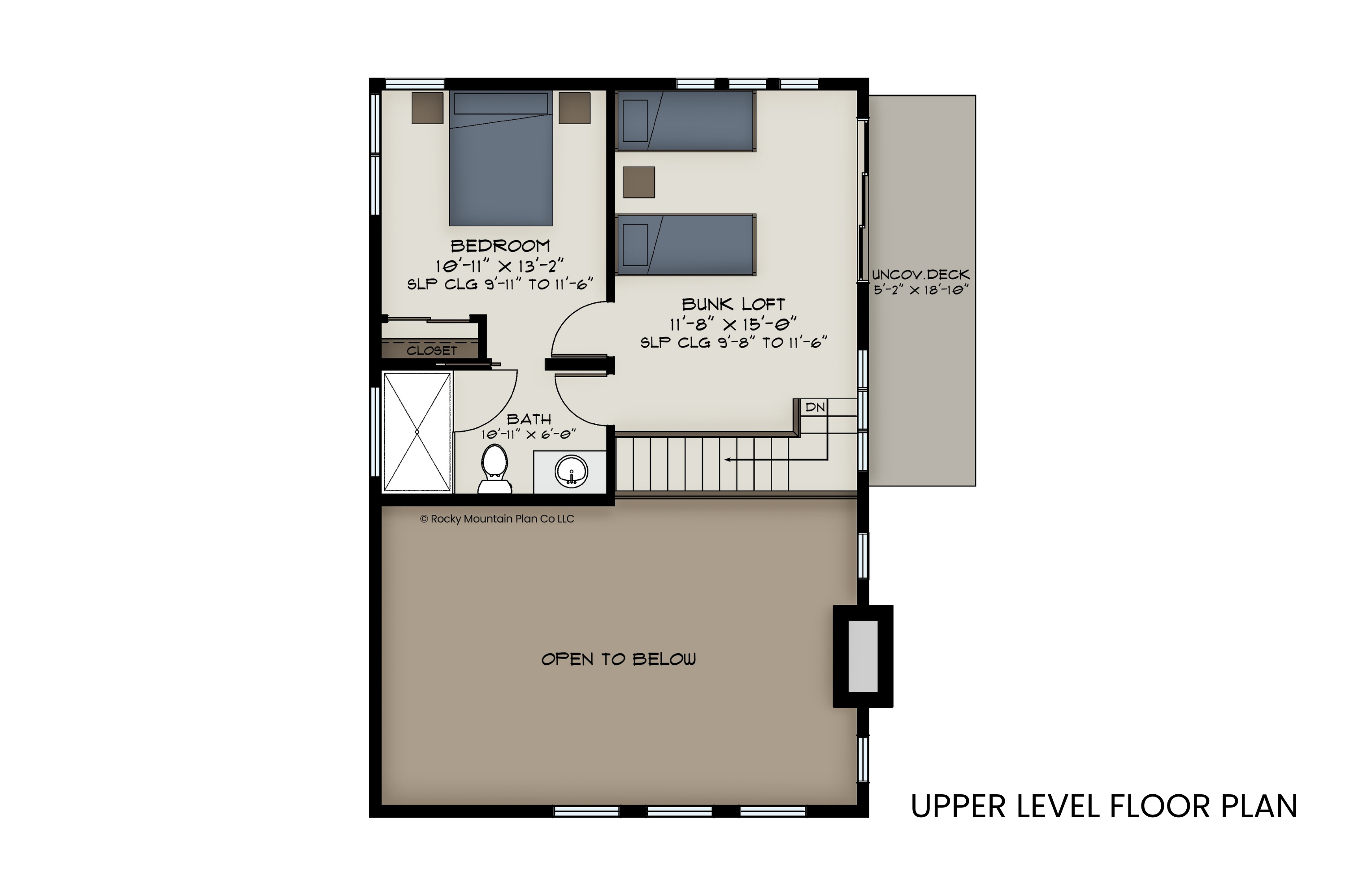 Blue Spruce upper level floor plan — 490 sf, bedroom and bunk loft open to below — Rocky Mountain Plan Company