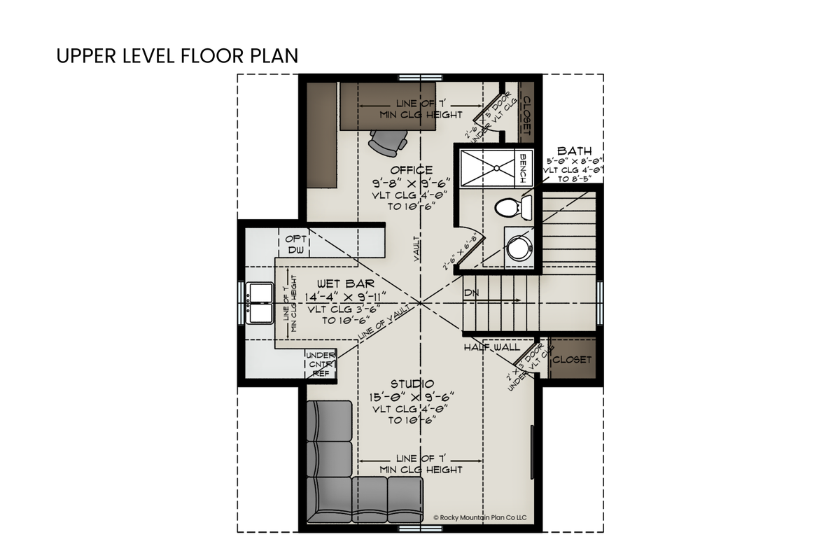 Goat Hill upper level floor plan — 575 sf home office studio with wet bar and vaulted ceiling — Rocky Mountain Plan Company