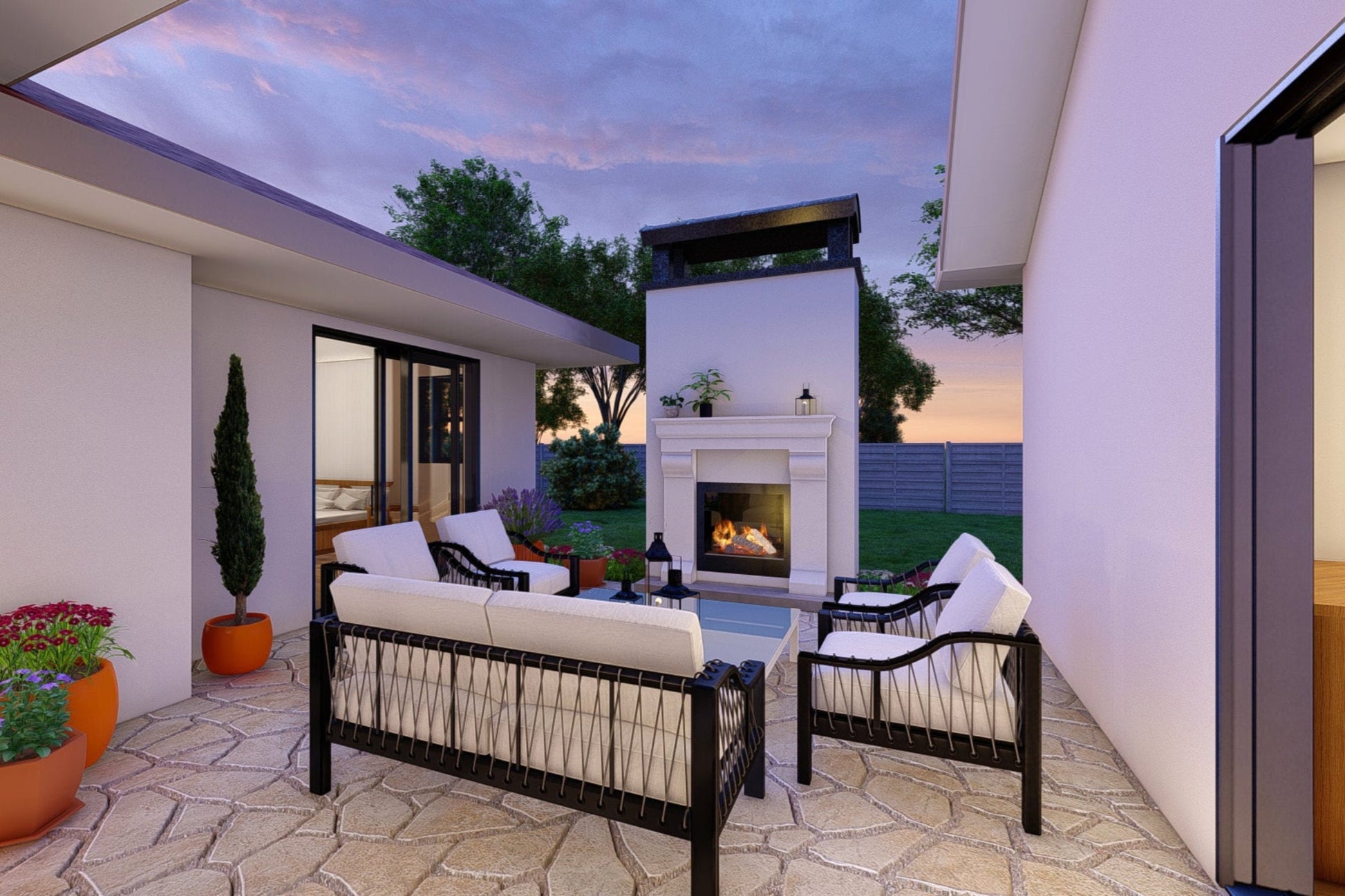 Spanish-Revival-Courtyard-Ranch-Plan-Courtyard-View-Rocky-Mountain-Plan-Company-Coast-Redwood