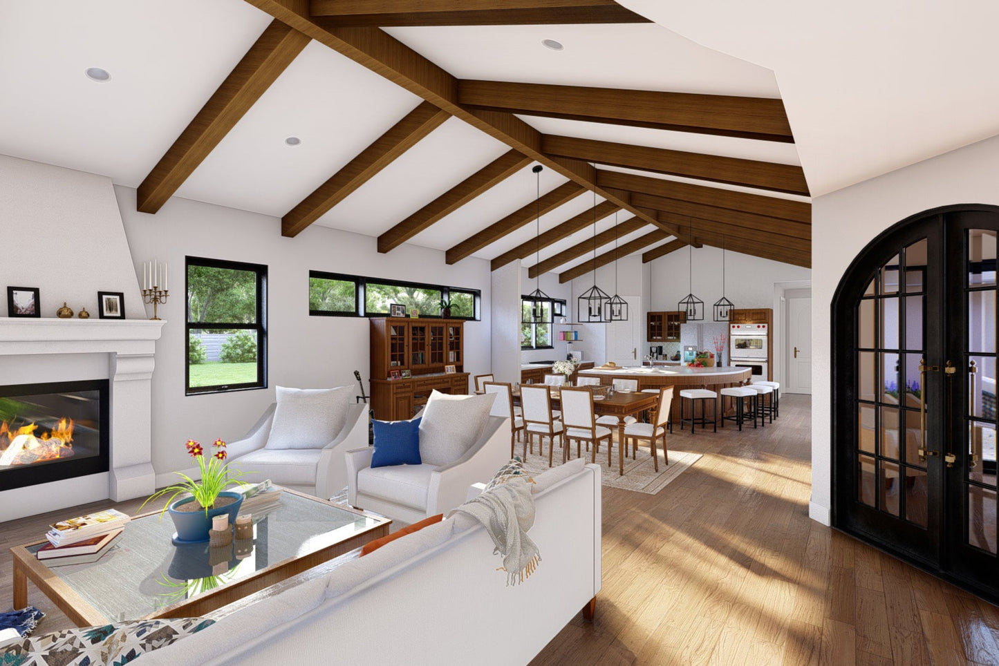 Spanish-Revival-Courtyard-Ranch-Plan-Interior-View-Rocky-Mountain-Plan-Company-Coast-Redwood