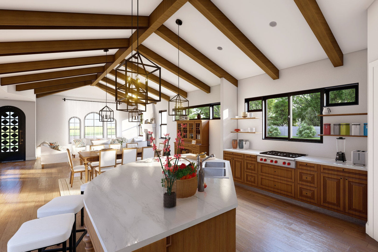 Spanish-Revival-Courtyard-Ranch-Plan-Kitchen-View-Rocky-Mountain-Plan-Company-Coast-Redwood