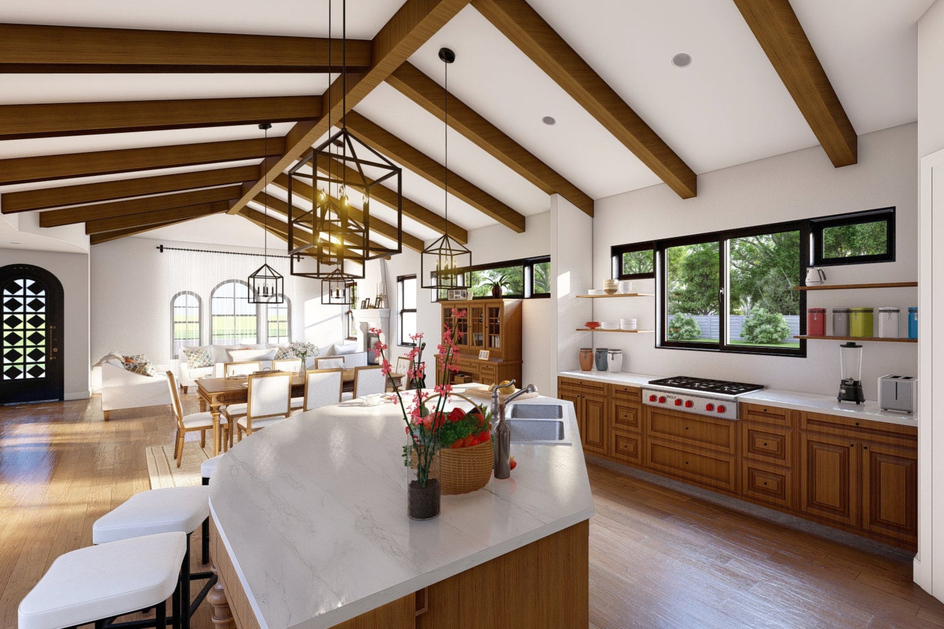 Spanish-Revival-Courtyard-Ranch-Plan-Kitchen-View-Rocky-Mountain-Plan-Company-Coast-Redwood